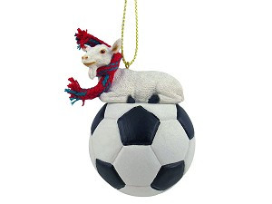 White Goat on Soccer Ball Christmas Ornament – Hand-Painted Stone Resin