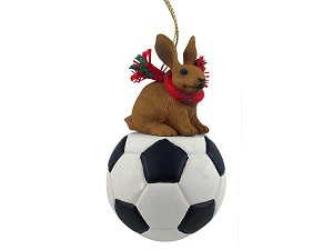 Brown Rabbit on Soccer Ball Christmas Ornament – Hand-Painted Stone Resin