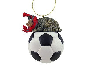 Armadillo on Soccer Ball Christmas Ornament – Hand-Painted Stone Resin