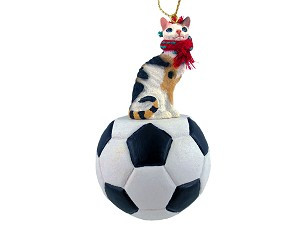 Tortoise & White Cornish Rex Cat on Soccer Ball Christmas Ornament – Hand-Painted Stone Resin