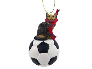 Brown Maine Coon Cat on Soccer Ball Christmas Ornament – Hand-Painted Stone Resin
