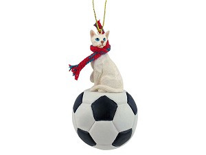 White Oriental Shorthair Cat on Soccer Ball Christmas Ornament – Hand-Painted Stone Resin