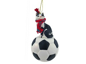 Black & White Manx Cat on Soccer Ball Christmas Ornament – Hand-Painted Stone Resin