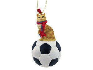 Red Tabby Manx Cat on Soccer Ball Christmas Ornament – Hand-Painted Stone Resin