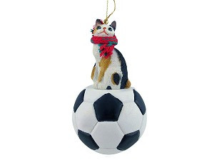 Tortoise & White Japanese Bobtail Cat on Soccer Ball Hanging Ornament – Hand-Painted Stone Resin