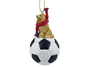 Apricot Poodle Dog on Soccer Ball Christmas Ornament – Hand-Painted Stone Resin