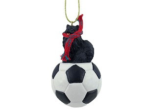 Black Pomeranian Dog on Soccer Ball Christmas Ornament – Hand-Painted Stone Resin