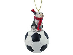 Brindle Bulldog on Soccer Ball Christmas Ornament – Hand-Painted Stone Resin