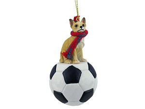 Tan & White Chihuahua Dog on Soccer Ball Christmas Ornament – Hand-Painted Stone Resin