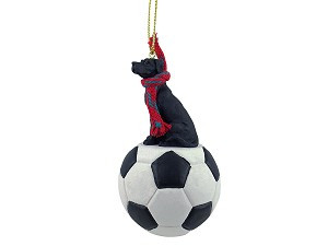 Black Uncropped Ears Great Dane Dog on Soccer Ball Christmas Ornament – Hand-Painted Stone Resin