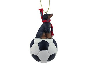 Black Uncropped Ears Doberman Pinscher Dog on Soccer Ball Christmas Ornament