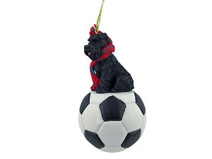 Black Uncropped Ears Schnauzer Dog on Soccer Ball Christmas Ornament – Hand-Painted Stone Resin