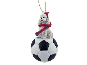 White Sport Cut Poodle Dog on Soccer Ball Christmas Ornament – Hand-Painted Stone Resin