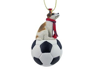 Brown & White Smooth Coat Jack Russell Terrier Dog on Soccer Ball Christmas Ornament