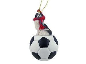 Black & White Japanese Chin Dog on Soccer Ball Christmas Ornament – Hand-Painted Stone Resin