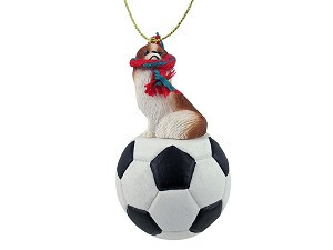 Red & White Japanese Chin Dog on Soccer Ball Christmas Ornament – Hand-Painted Stone Resin
