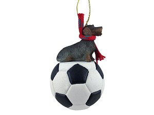 Wirehaired Dachshund Dog on Soccer Ball Christmas Ornament – Hand-Painted Stone Resin