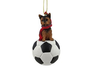 Puppycut Yorkshire Terrier Dog on Soccer Ball Christmas Ornament – Hand-Painted Stone Resin