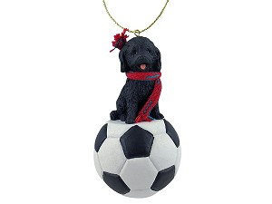 Black Cockapoo Dog on Soccer Ball Christmas Ornament – Hand-Painted Stone Resin