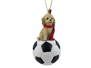 Blond Cockapoo Dog on Soccer Ball Hanging Ornament – Hand-Painted Stone Resin