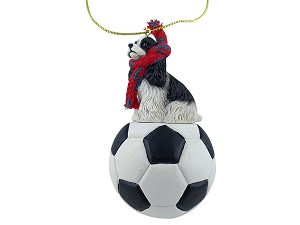 Black & White Cocker Spaniel Dog on Soccer Ball Christmas Ornament – Hand-Painted Stone Resin