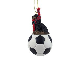 Black & Tan Cocker Spaniel Dog on Soccer Ball Christmas Ornament – Hand-Painted Stone Resin