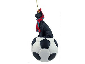 Black Great Dane Dog on Soccer Ball Christmas Ornament – Hand-Painted Stone Resin