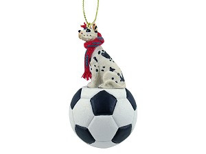 Harlequin Great Dane Dog on Soccer Ball Christmas Ornament – Hand-Painted Stone Resin