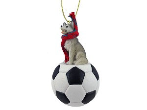 Gray & White Brown Eyes Husky Dog on Soccer Ball Christmas Ornament – Hand-Painted Stone Resin