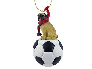 Fawn Pug Dog on Soccer Ball Christmas Ornament – Hand-Painted Stone Resin