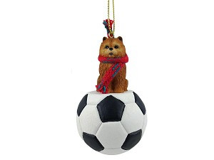 Red Chow Dog on Soccer Ball Christmas Ornament – Hand-Painted Stone Resin