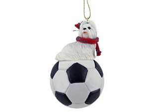 White Shih Tzu Dog on Soccer Ball Christmas Ornament – Hand-Painted Stone Resin
