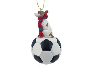 Brown & White Brittany Dog on Soccer Ball Christmas Ornament – Hand-Painted Stone Resin