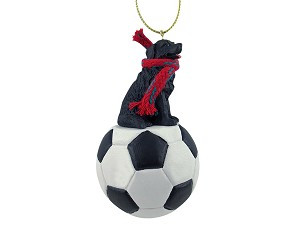 Black Newfoundland Dog on Soccer Ball Christmas Ornament – Hand-Painted Stone Resin