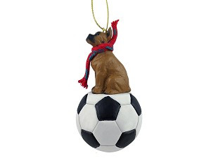 Tawny Boxer Dog on Soccer Ball Christmas Ornament – Hand-Painted Stone Resin