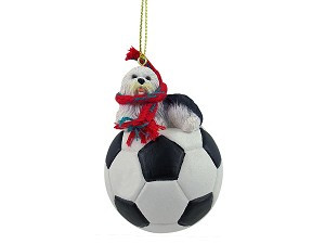 Old English Sheepdog on Soccer Ball Christmas Ornament – Hand-Painted Stone Resin