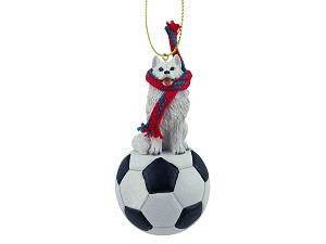 Samoyed Dog on Soccer Ball Christmas Ornament – Hand-Painted Stone Resin