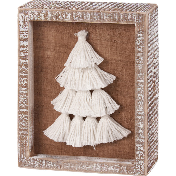 Decorative Inset Wooden Box Sign - White Bohemian Style Tassel Tree 4x5 - Christmas Collection from Primitives by Kathy