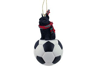 Black Brussels Griffon Dog on Soccer Ball Christmas Ornament – Hand-Painted Stone Resin