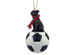 Brindle Staffordshire Bull Terrier Dog on Soccer Ball Christmas Ornament – Hand-Painted Stone Resin
