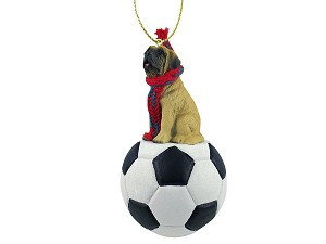 Mastiff Dog on Soccer Ball Christmas Ornament – Hand-Painted Stone Resin