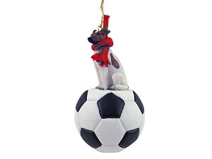 Brown & White Fox Terrier Dog on Soccer Ball Christmas Ornament – Hand-Painted Stone Resin