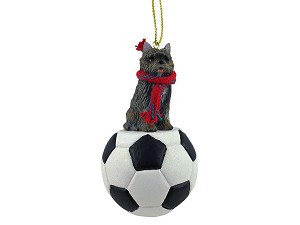 Brindle Cairn Terrier Dog on Soccer Ball Hanging Ornament – Hand-Painted Stone Resin