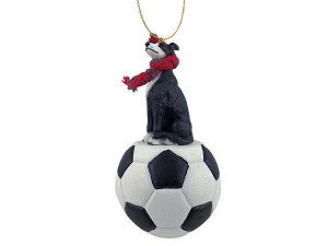 Black & White Greyhound Dog on Soccer Ball Christmas Ornament – Hand-Painted Stone Resin