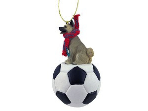 Gray Akita Dog on Soccer Ball Christmas Ornament – Hand-Painted Stone Resin