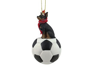 Tan & Black Miniature Pinscher Dog on Soccer Ball Christmas Ornament – Hand-Painted Stone Resin