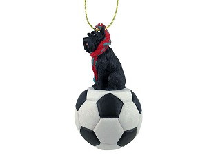 Black Giant Schnauzer Dog on Soccer Ball Christmas Ornament – Hand-Painted Stone Resin