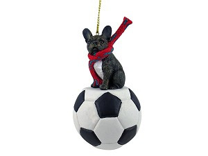 French Bulldog on Soccer Ball Christmas Ornament – Hand-Painted Stone Resin