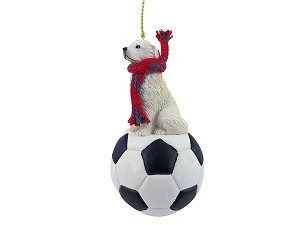 Great Pyrenees Dog on Soccer Ball Christmas Ornament – Hand-Painted Stone Resin