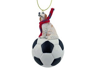 Orange Belton English Setter Dog on Soccer Ball Christmas Ornament – Hand-Painted Stone Resin